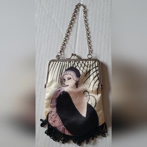 Beige Satin Bag with Black Fringe/Kisslock Frame Bag with Chain
